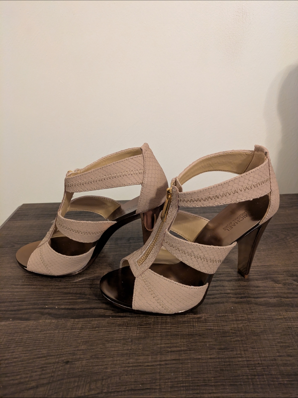 MICHAEL Michael Kors Taupe Strappy High Heel Sandals with Gold Zipper - Picture 2 of 6